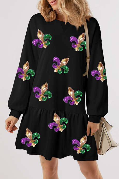 Robe courte noire à paillettes et motif symbolique du Mardi Gras