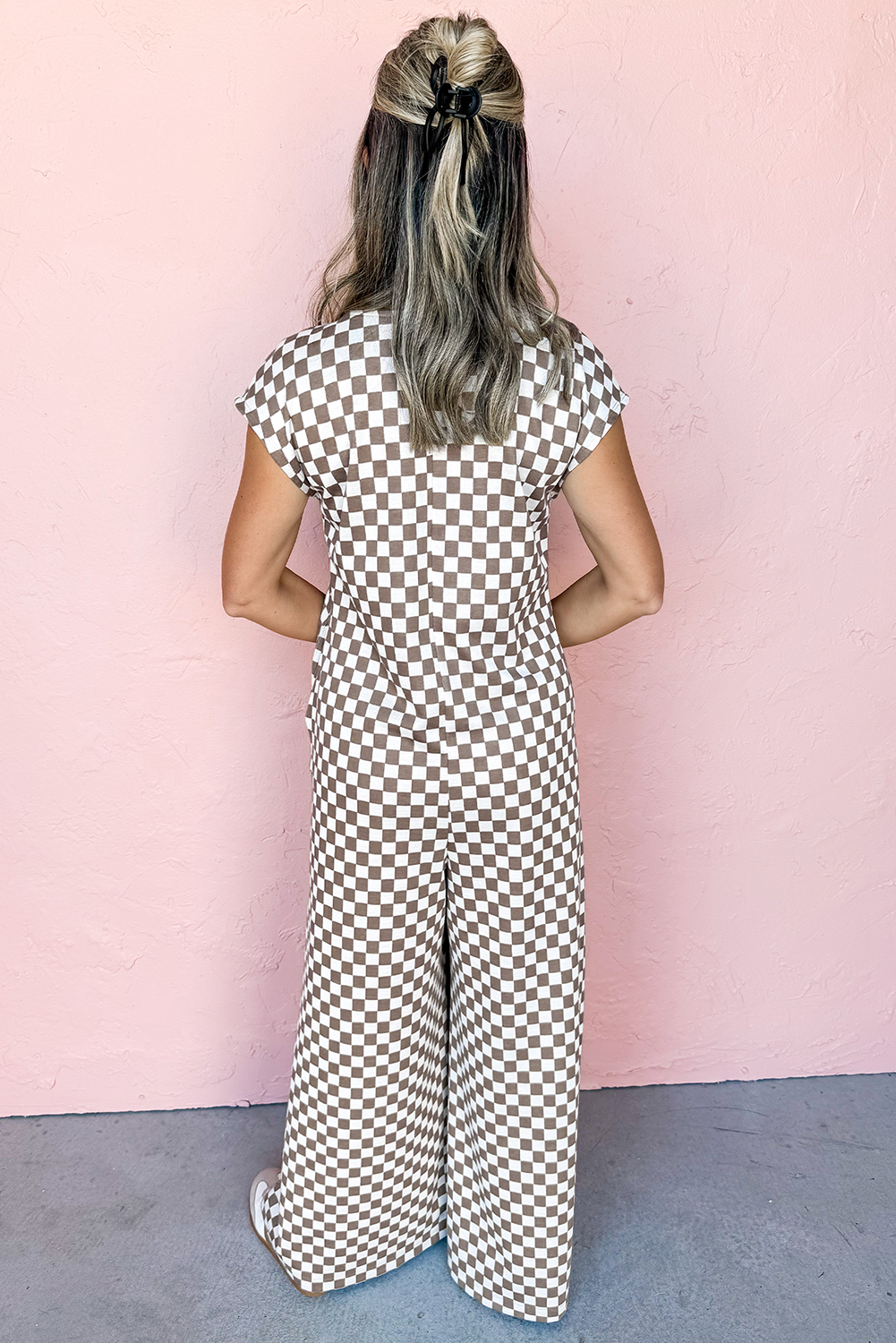 $7.75 Khaki Checkered Print Buttoned Crew Neck Wide Leg
