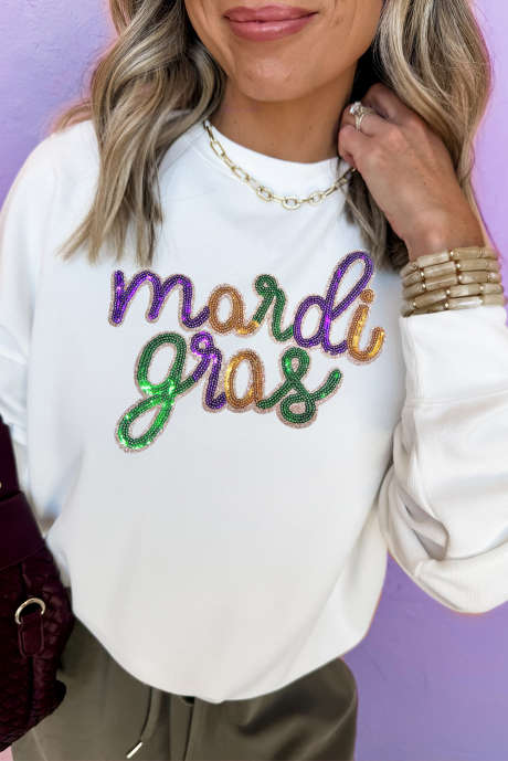 Bílá flitrovaná mardi gras mikina Graphic Crew Neck Drop Shoulder LC25319349-15