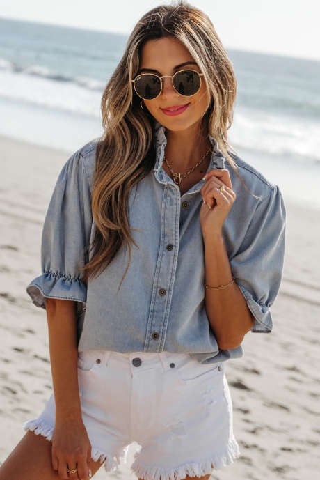 Beau Blue Ruffle Short Puff Sleeve Summer Chambray paita