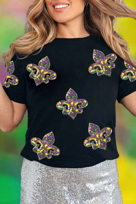 T-shirt graphique à paillettes Black Maid Gras Fleur de Lis