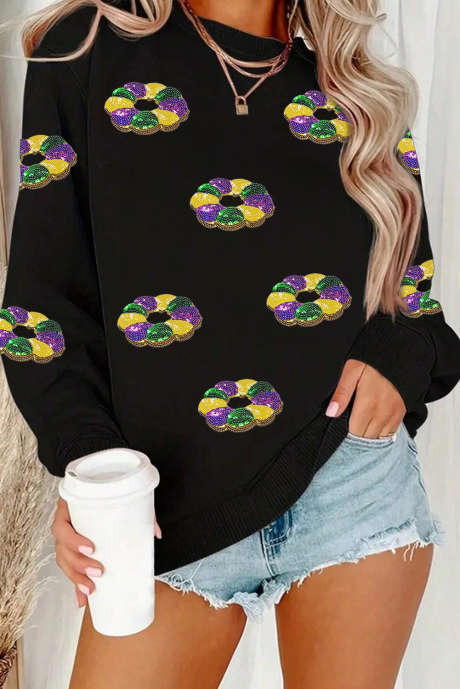 Sweat-shirt à épaules tombantes et à paillettes noires, motifs Donuts aux couleurs du Mardi Gras