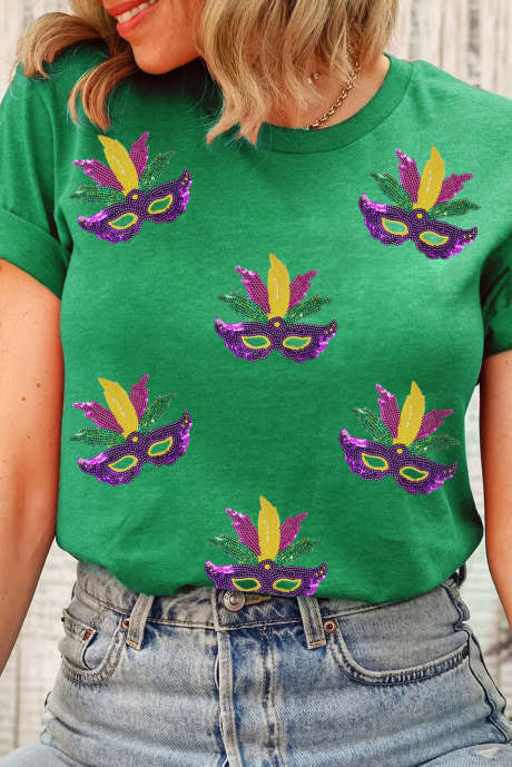 T-shirt ras du cou à motif patché et paillettes vert vif avec masque de Mardi Gras