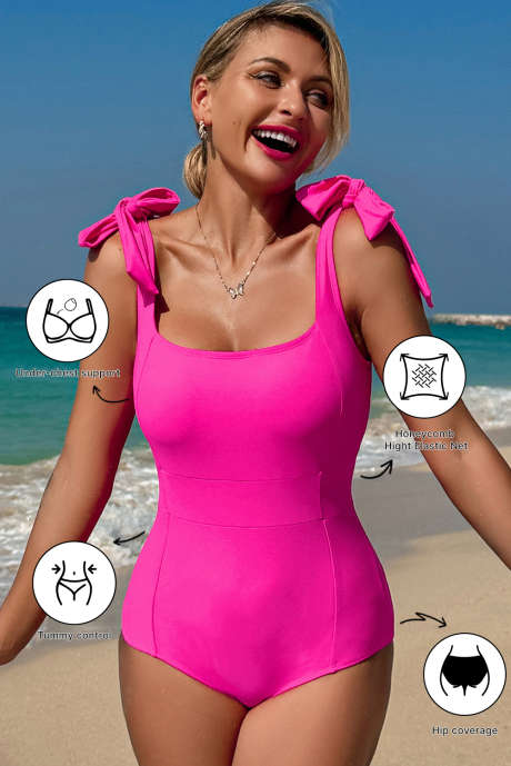 Maillot de bain une pièce Dearlovers rose rouge à col carré, épaules nouées et dos nu