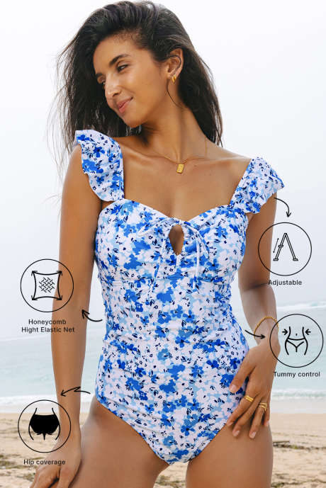 Blue Floral Ruffled Strap Lace-up Hollow Out One Piece Swimsuit
