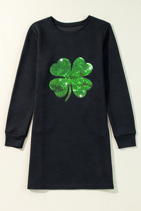 Black St Patricks Clover Patched Long Sleeve Textured Mini Dress