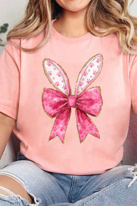 Pink Paw Printed Bow Bunny Easter Day Fashion T Shirt LC25228312-10