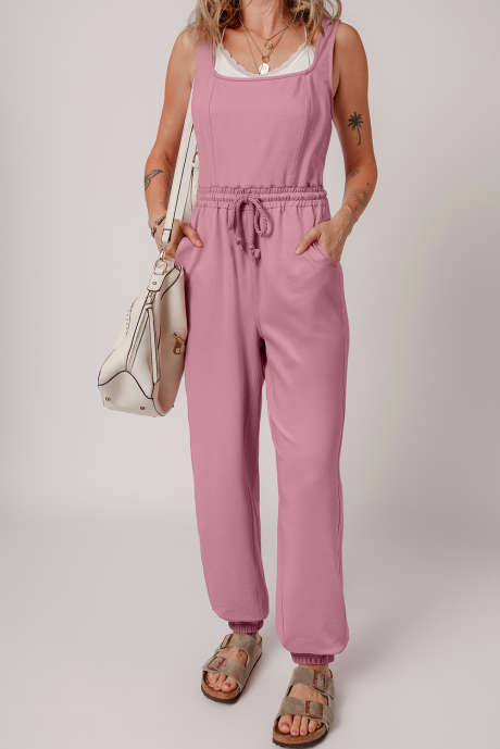 Light Pink Lace-up Elastic Waist Sleeveless Square Neck Jumpsuit LC6414084-P1010