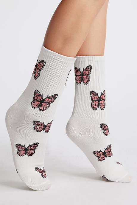 Chaussettes mi-mollet douces à bord côtelé et motif papillon blanc