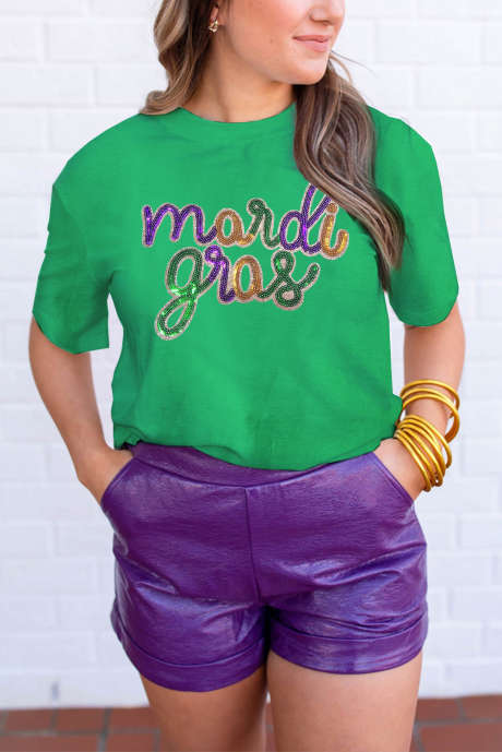 T-shirt graphique à paillettes vert vif Mardi Gras