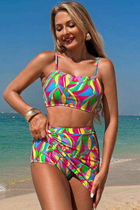 Mehrfarbiges Bikini-Set mit abstraktem Print und hoher Taille und Spaghettiträgern