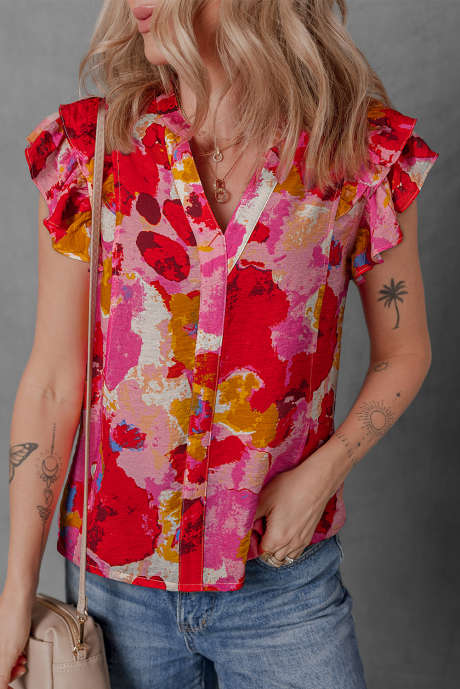 Blusa vermelha abstrata com estampa dividida e decote em V com babados e manga curta