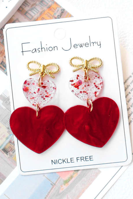 Fiery Red Bow Knot Heart Shape Dangle Earrings BH014122-P3