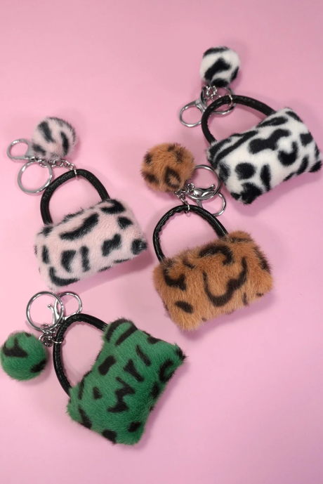 Roze pluche dierenprint mini tas sleutelhanger
