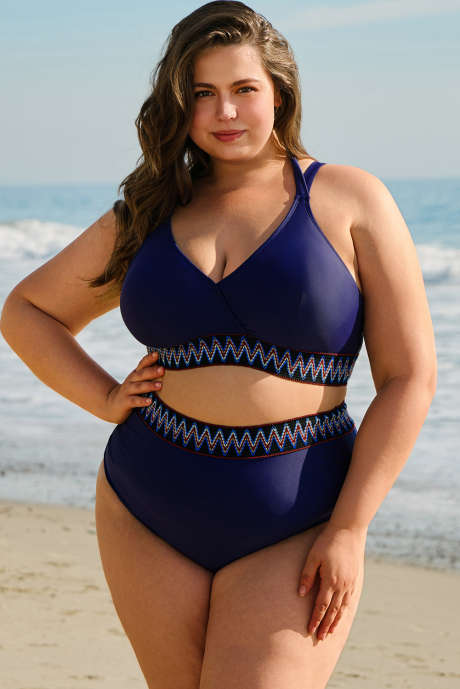 Marineblauer Wickel-Bikini mit Knoten und besticktem Besatz in Übergröße mit hoher Taille