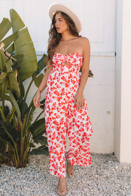 Rosafarbener Bandeau-Jumpsuit mit Blumenmuster, verdrehtem Schlüsselloch, Plissee und weitem Bein LC6414081-P1020