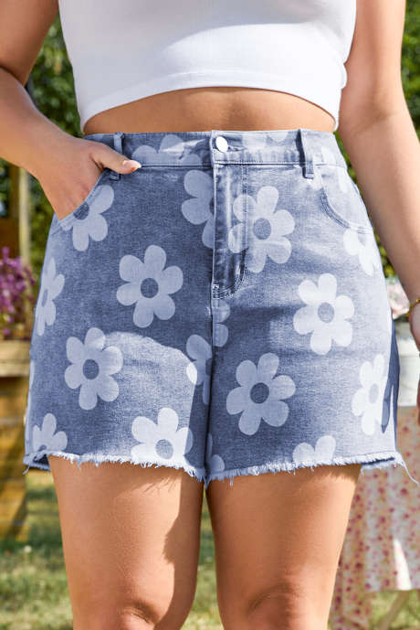 Short en jean taille haute à ourlet brut et motif floral bleu Ashleigh