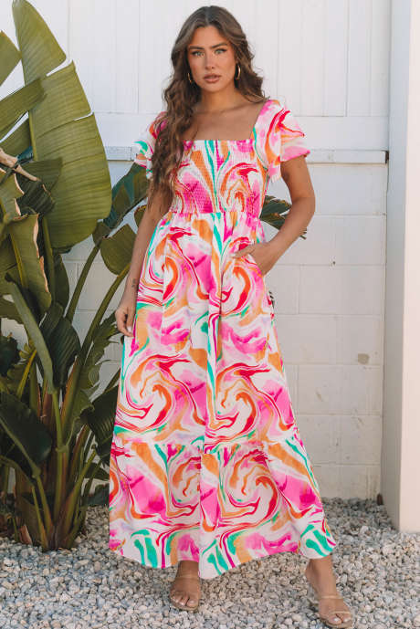 Vestido longo com estampa abstrata rosa, mangas franzidas e busto franzido LC6119145-P1022