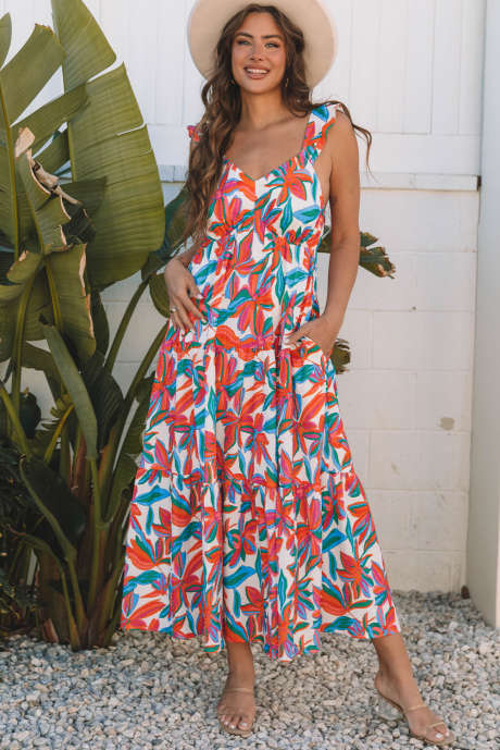 Vestido longo vermelho boho floral com babados e decote em V