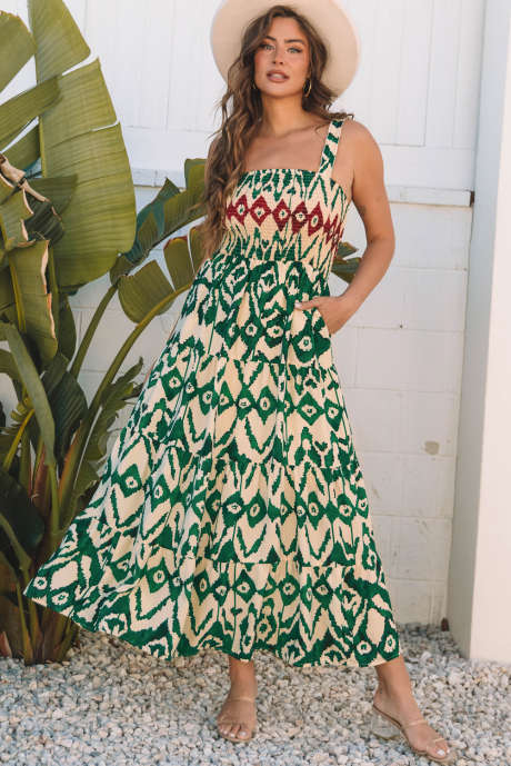 Zelena dolga obleka A-kroja brez rokavov Western Aztec