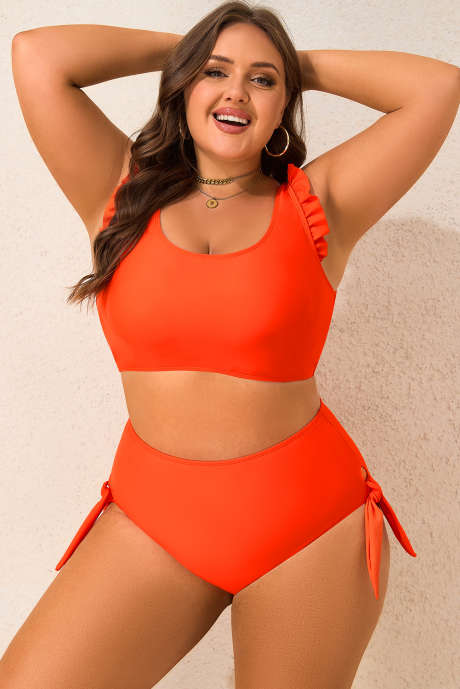 Orangefarbenes Bikini-Set mit hoher Taille und Rüschenbesatz und Knotendetail in Übergröße