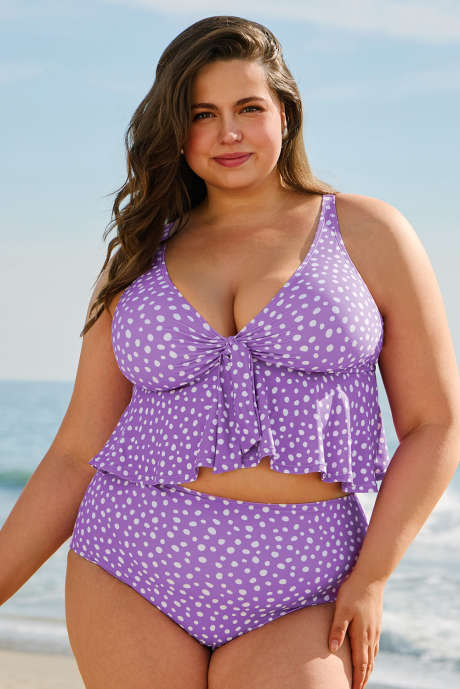 Purppura Plus Size Polka Dot Print röyhelöinen solmittu V-kaula Tankini-setti