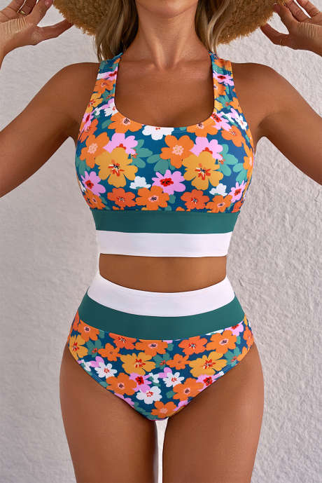Bikini 2 pièces Dearlove vert à imprimé floral, dos nageur, découpes et taille haute