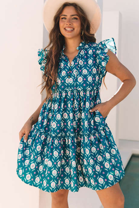 Vestido de manga corta con volantes y cuello abierto con estampado floral retro azul