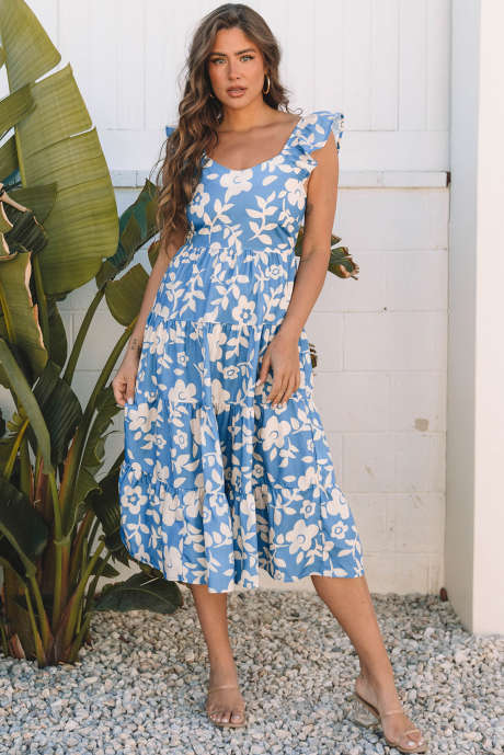 Vestido midi fluido con hombros descubiertos, escote en U y estampado floral en azul cielo