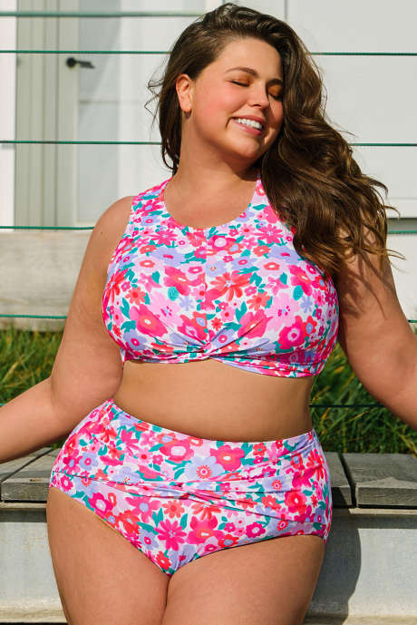 Rose Plus Size Bikini-Set mit Blumenmuster und verdrehter hoher Taille