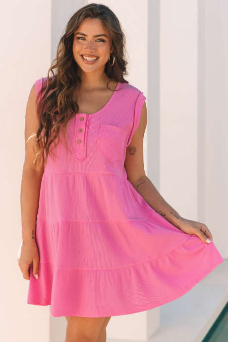 Bright Pink Waffle Textured Button Round Neck A-line Tiered Sleeveless Dress LC6123557-P106