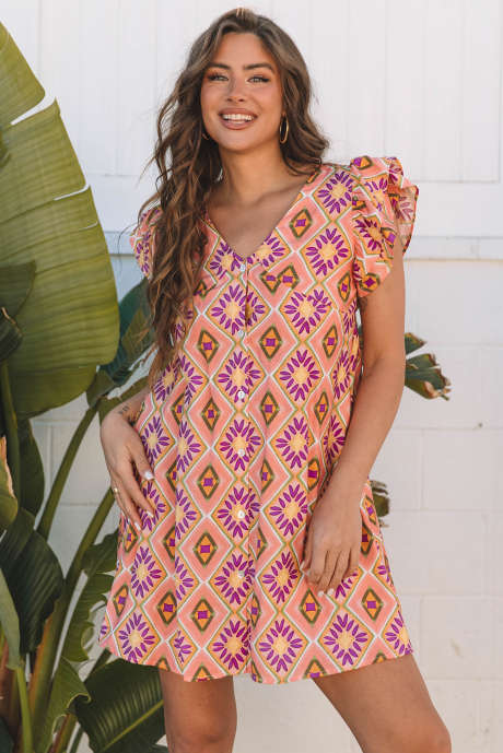 Robe courte à volants boutonnée à col en V et motif floral géométrique orange