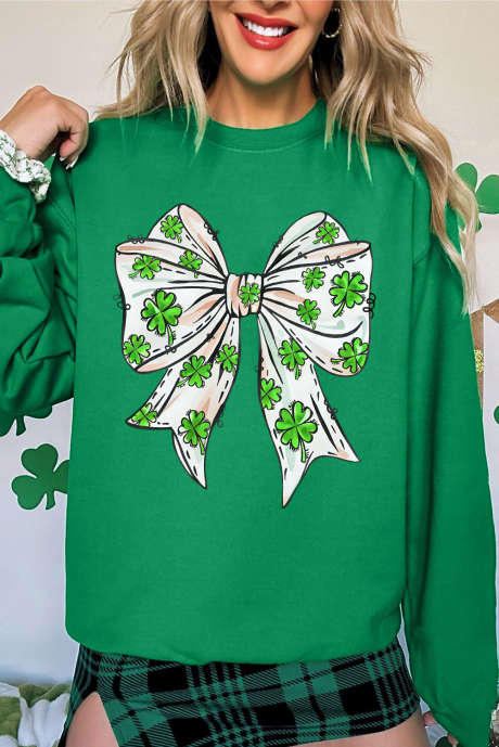 Dark Green St Patricks Clover Bow Printed Drop Shoulder Sweatshirt