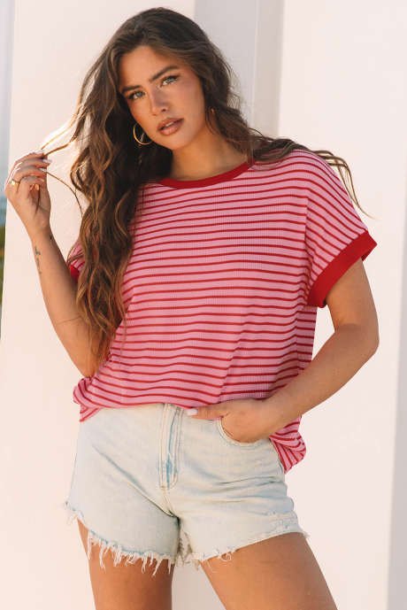 Pink Stripe Knitted Round Neck T Shirt LC25227078-P1019
