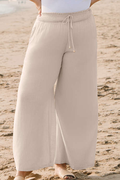 Pantalon beige froncé taille haute à jambes larges grande taille