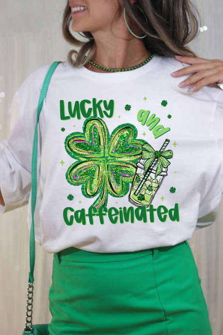 White Lucky and Caffeinated Clover Graphic St Patrick Tee LC25228357-1