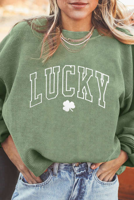 Grass Green LUCKY Clover Embroidered Drop Shoulder Ribbed St Patrick Sweatshirt