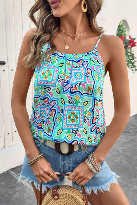 Débardeur à bretelles spaghetti à imprimé floral bohème blanc et strass