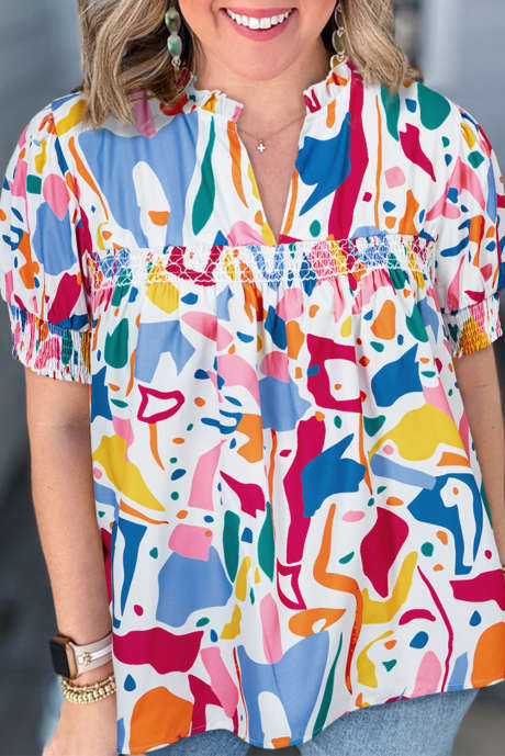 Hvit Abstrakt trykk Rynket Mansjett Puff Sleeve Plus Size Bluse