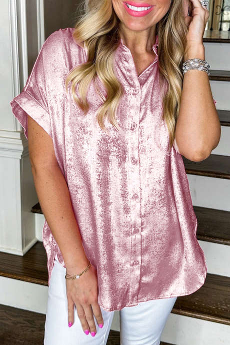 Pink Metallic Sheen Short Sleeve Buttoned Front Casual Shirt