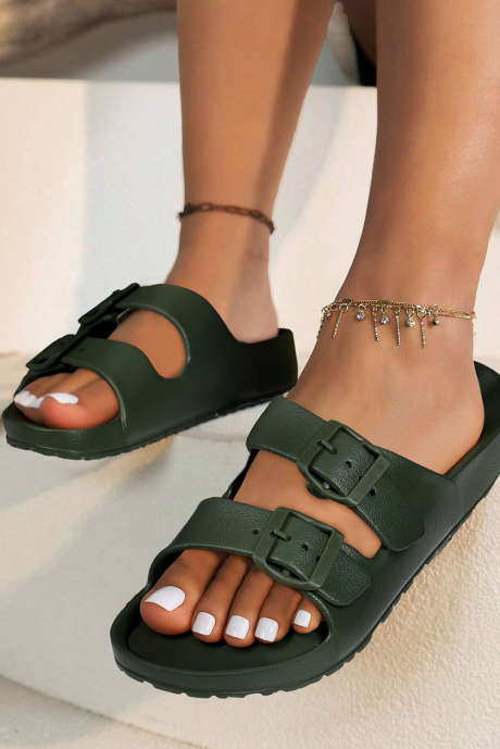 Pantuflas de EVA antideslizantes con hebilla ajustable doble de color verde negruzco BH023930-P309