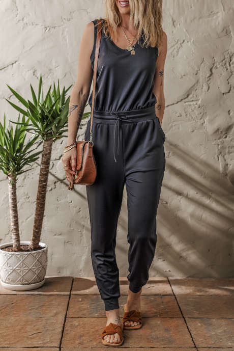 Combinaison de jogging noire décontractée style débardeur avec ceinture nouée et poches