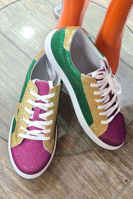 Chaussures plates à lacets à paillettes triple couleur vert noirâtre Mardi Gras