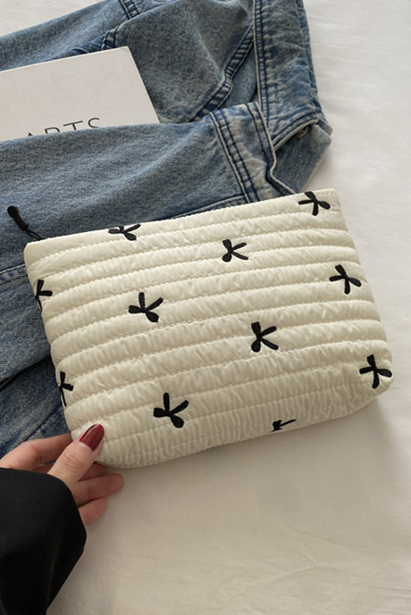 Bolsa de maquillaje acolchada de gran capacidad con estampado de pajaritas blancas BH062199-P101