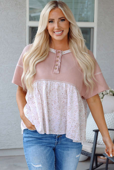 Rosa vaffel floral patchwork eksponert søm detalj kortermet topp