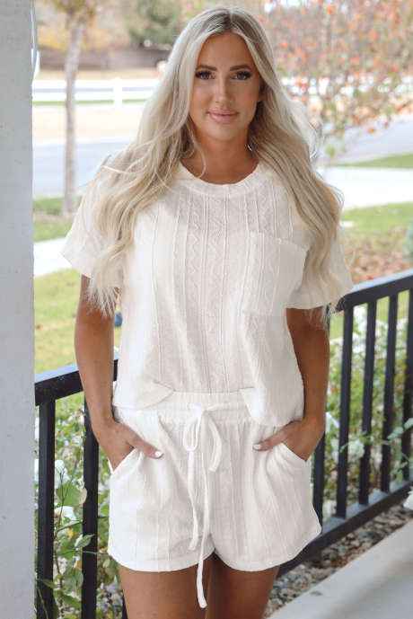 Jet Stream Textured Patched Pocket Korte Mouw Top Trekkoord Shorts Set