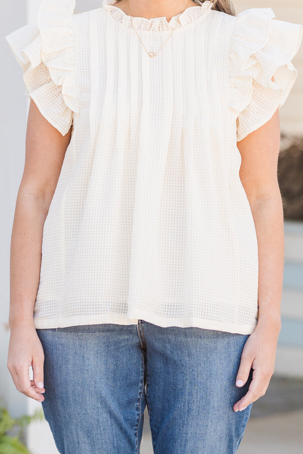 Layered Ruffled Sleeves $7.89 Apricot Waffle Layered Ruffle Sleeve Pleated Detail Keyhole Back ...