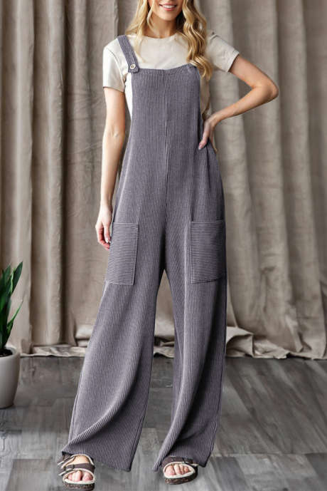 Dark Grey Ribbed Knit Patched Pocket Wide Leg Overalls