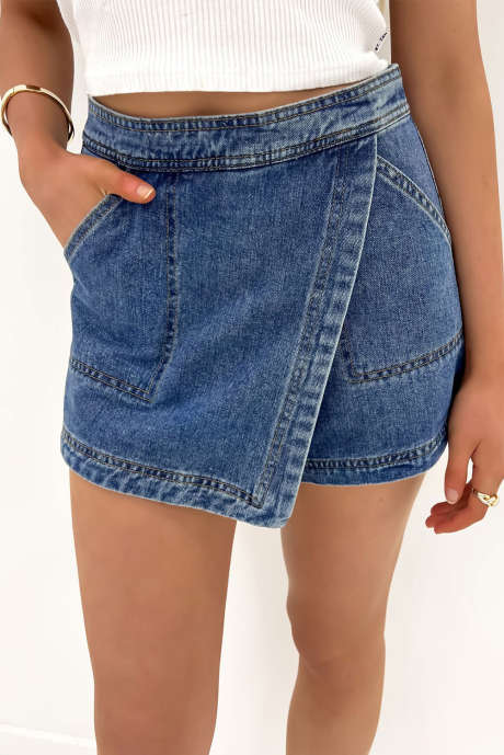 Jupe-short en jean bleu à effet portefeuille Ashleigh