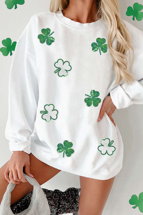 Witte Sequin Clover Patched Drop Shoulder Corded Sweatshirt